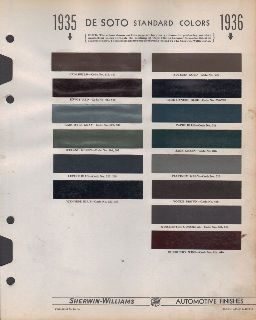 1935 DeSoto Paint Charts Williams 1